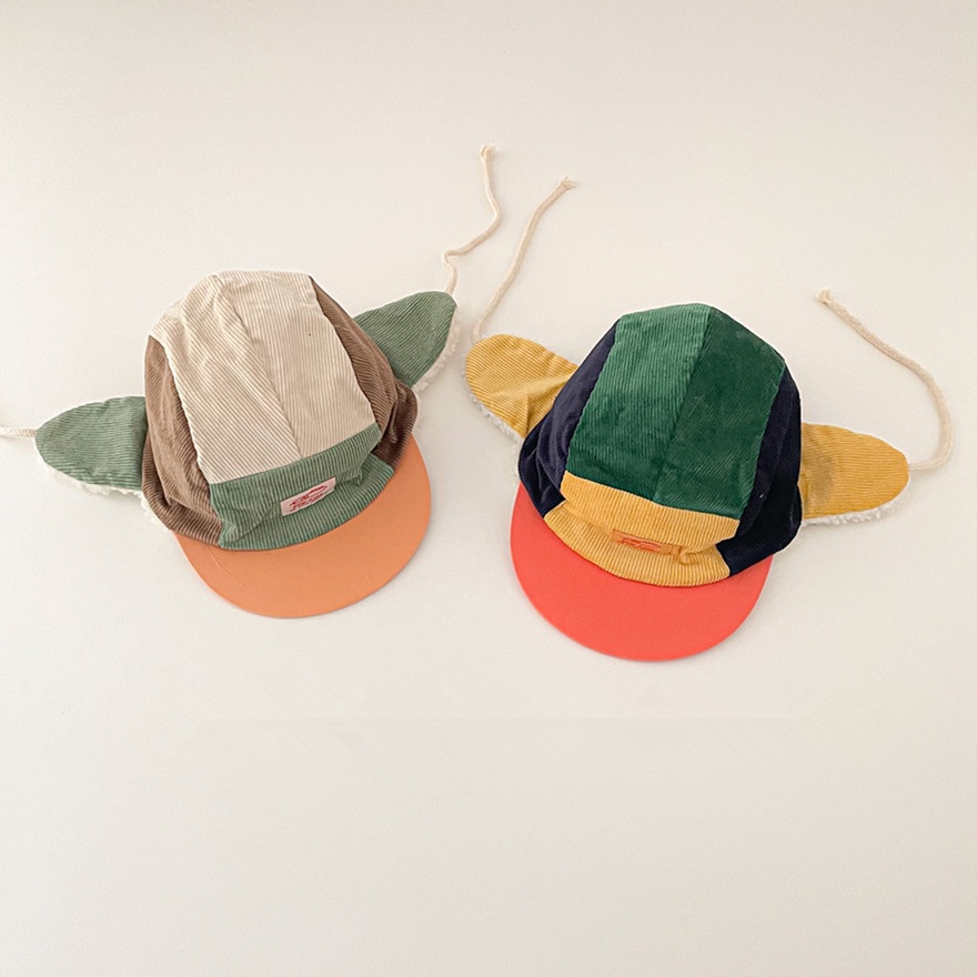 時尚兒童護耳帽韓版拼色字母刺繡燈芯絨寶寶雷鋒帽冬季保暖防風飛行棒球帽