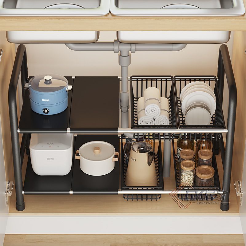 廚房可伸縮置物架水槽 下櫥櫃分層擱板 洗手台下雜物收納儲物收納籃