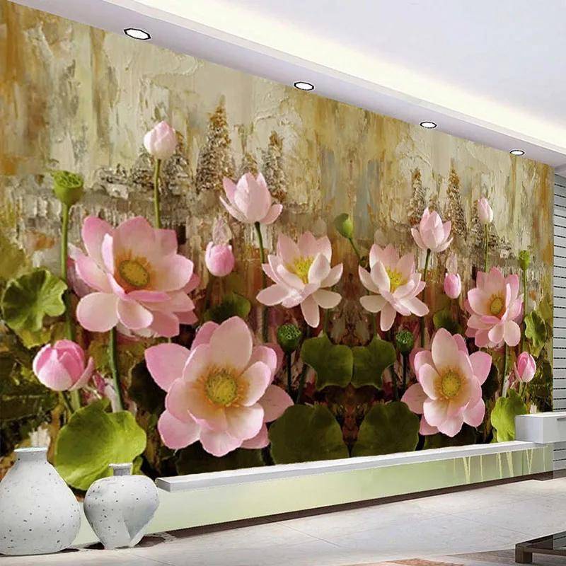 定制壁紙,花卉圖案,3d蓮花,自粘,粉色,用於客廳、臥室和沙發裝飾