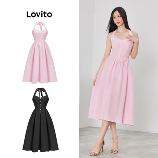 Lovito 女式休閒素色鈕扣美背掛脖洋裝 L62ED151 (粉紅色/黑色)