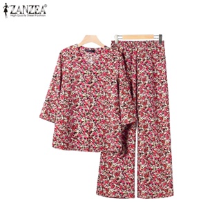 Zanzea 女式韓版休閒 V 領九分袖碎花寬鬆上衣和長褲