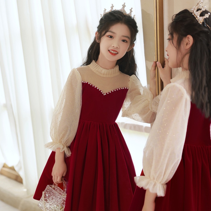 兒童晚禮服秋季女童紅色公主裙長袖花童禮服小女孩鋼琴演奏表演服