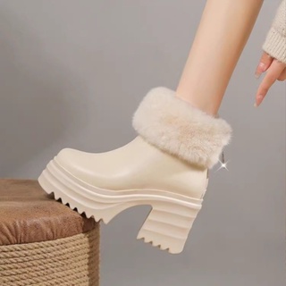 韓版法式 厚底保暖刷毛 雪地靴馬丁靴女 毛毛短靴女 粗跟高跟 防滑,耐磨,保暖