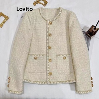 Lovito 女款休閒素色褶皺夾克 LNE39514 (米白色)