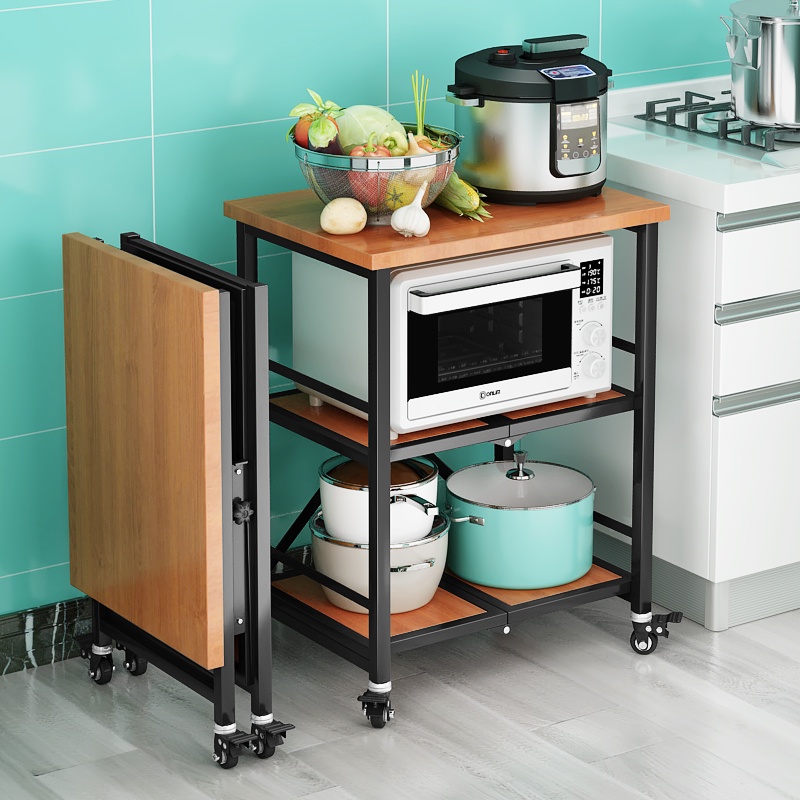 免運 置物架廚房可移動不銹鋼推車摺疊落地微波爐烤箱免安裝儲物架帶輪