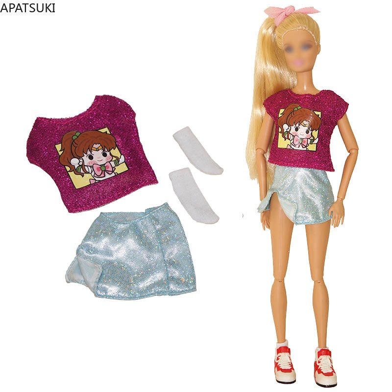 芭比娃娃服裝閃亮閃光衣服套裝手工卡通女孩上衣開叉裙子芭比娃娃襪子 1/6 娃娃配件