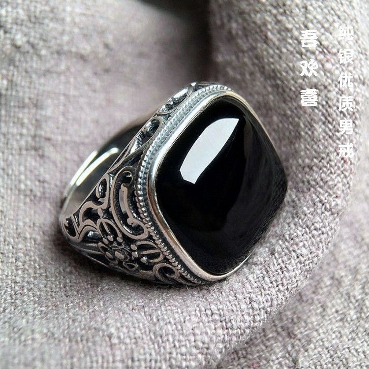 新款銀飾復古金剛降魔杵高檔黑色瑪瑙戒指男款方形開口大氣藏族
