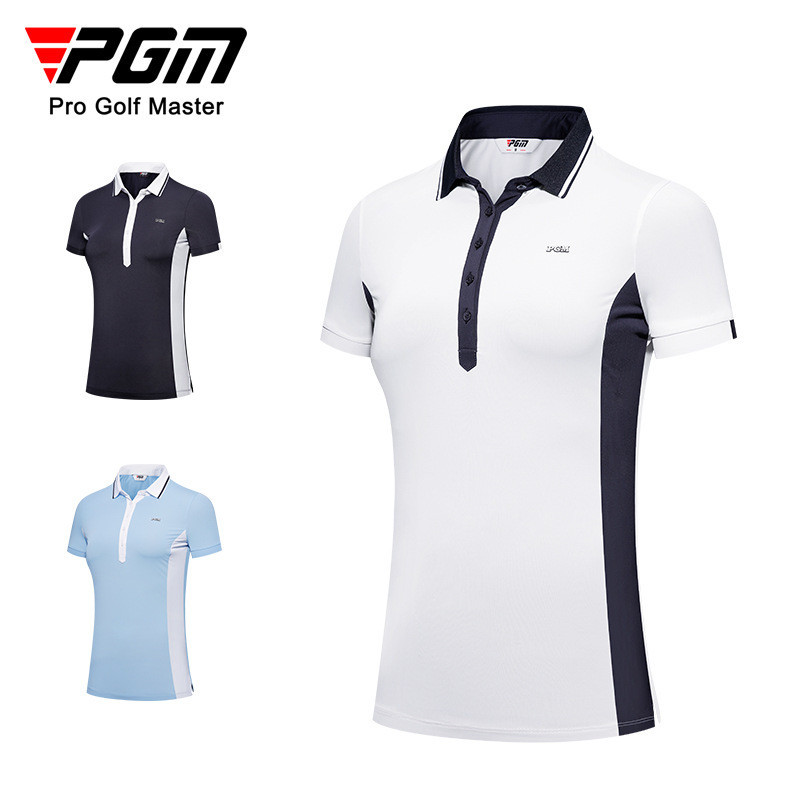 PGM 高爾夫服裝女裝短袖t恤 拼色翻領設計開衩下襬 時尚運動上衣 YF555