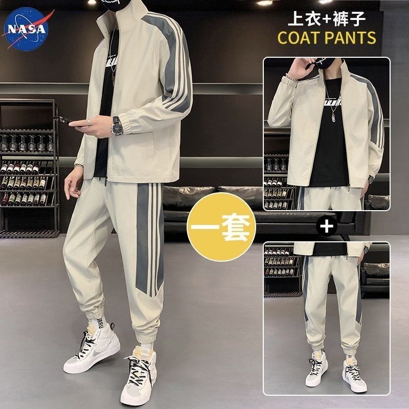 NASA聯名新款長袖休閒百搭透氣兩件套運動小外套印花拼色年輕套裝男