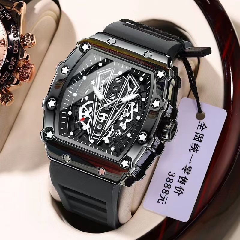 新款理查德鏤空男士手錶男酒桶黑科技米勒矽膠帶日曆非機械腕錶