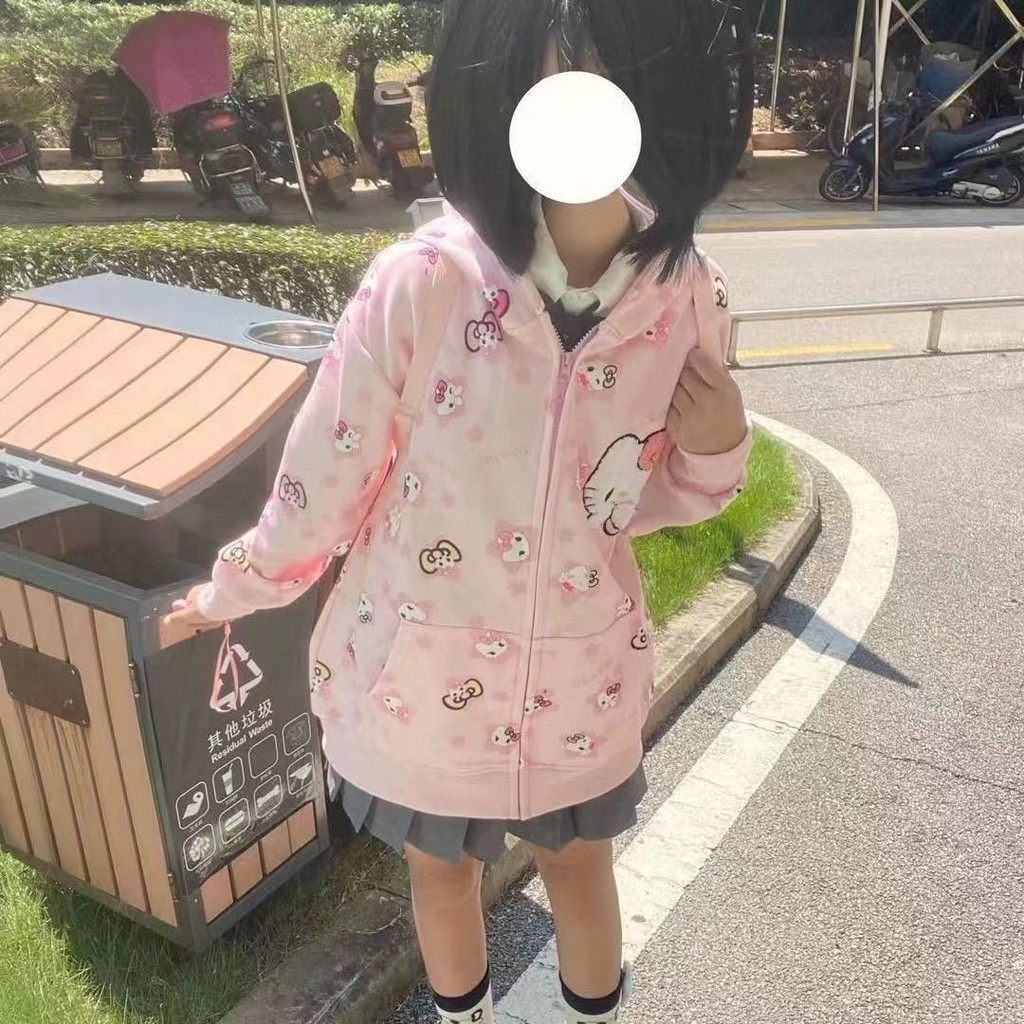 甜妹風滿印凱蒂貓美樂蒂連帽大學T拉鍊小外套女春秋季hellokitty可愛貓外套