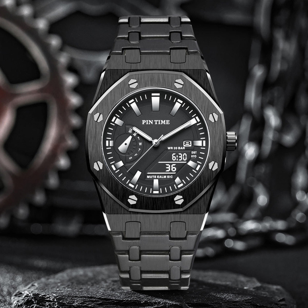 PINTIME爆款時尚潮流商務男士手錶  防水創意學生鋼帶夜光奢華石英錶 1453