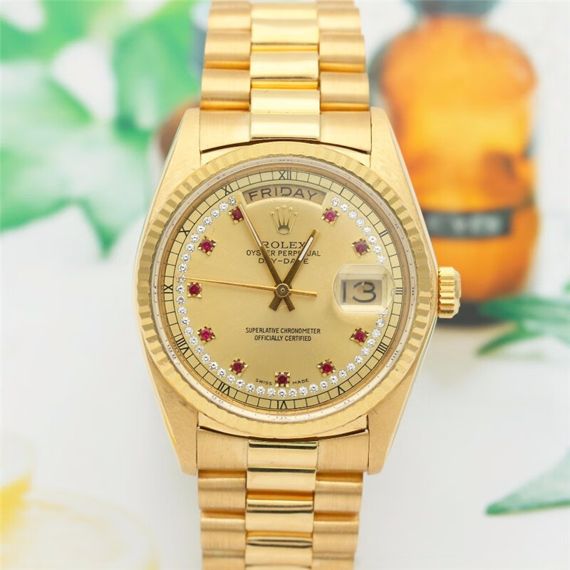 Rolexx Watches 星期日曆18K黃金原鑲鑽自動機械男表18038