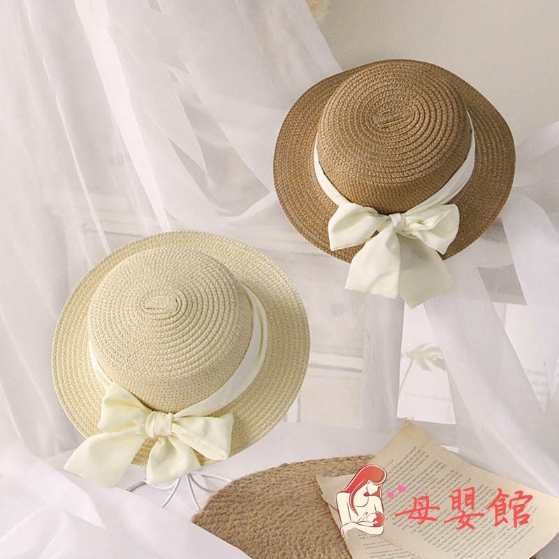 寬簷沙灘帽簡約甜美夏季女童圓頂帽領結絲帶裝飾防曬帽女童