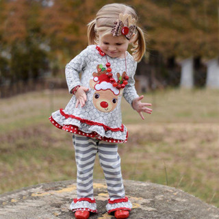聖誕童裝女童長袖麋鹿上衣+條紋長褲套裝新年聖誕童裝秋季