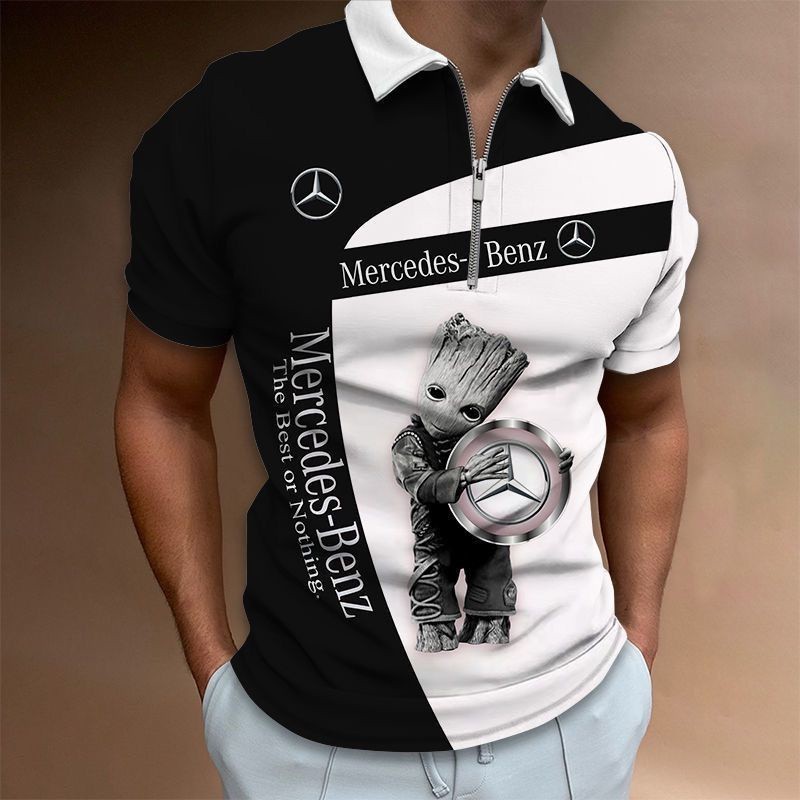 Mercedes Audi 拉鍊 Polo 衫男士三維印花汽車標誌 T 恤男士翻領短袖 Polo 衫