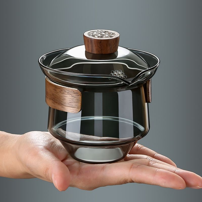 🔥熱賣   玻璃蓋碗茶杯 耐熱防燙大號 功夫三件套 便攜式茶碗 帶蓋網紅公道杯
