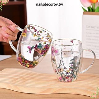 NAILSDECOR乾花杯,耐熱高硼矽玻璃雙層玻璃杯,帶手柄INS趨勢簡單花卉茶咖啡杯創意禮品