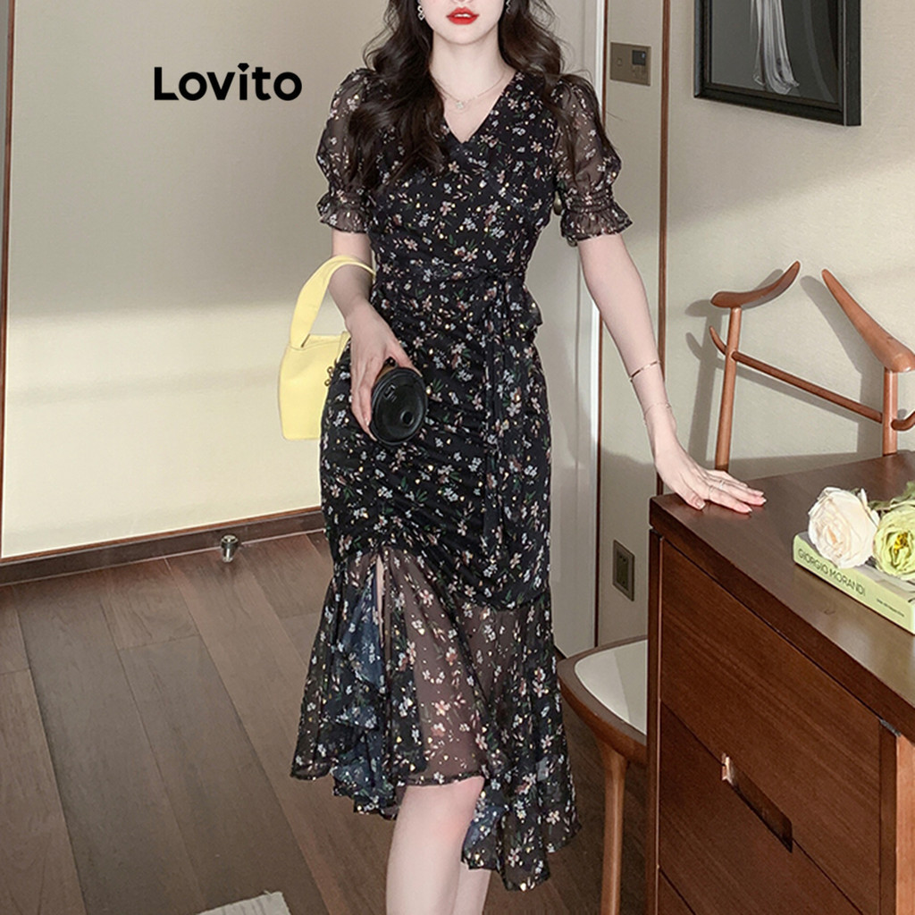 Lovito 女裝優雅花卉生菜飾開叉抽繩洋裝 LNL35083 (黑色)