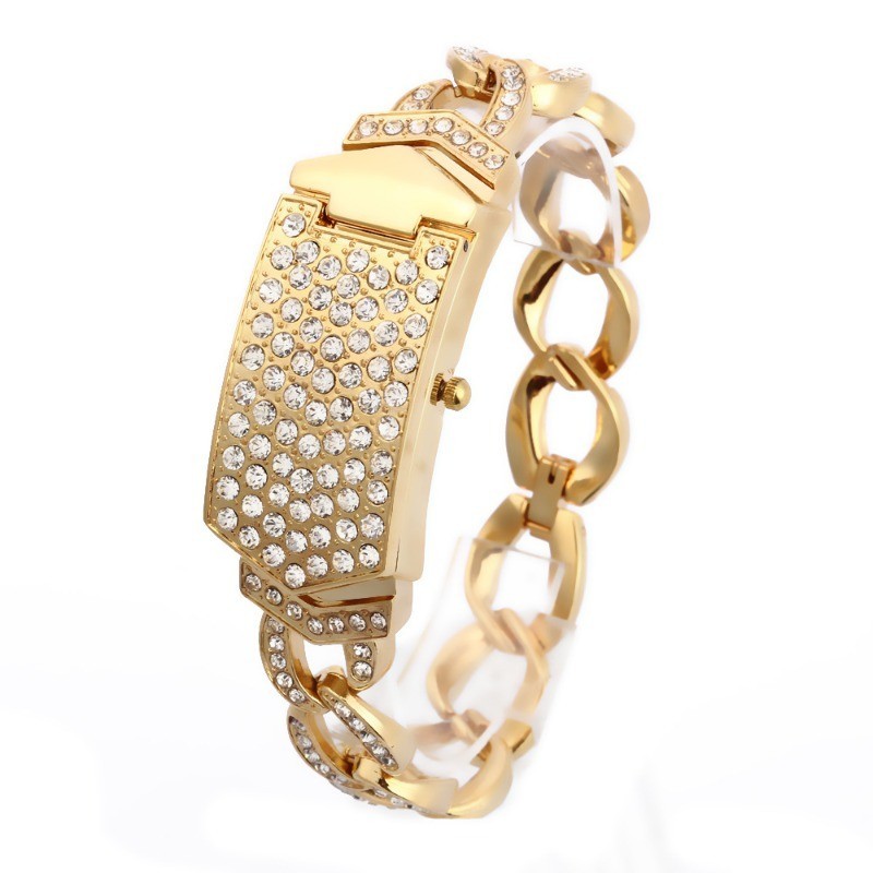 時尚復古翻蓋手鐲表 金色錶帶 水鑽石英錶 女裝手錶 腕錶 手錶 禮物