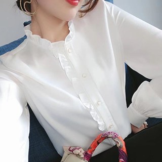 韓版加大碼女上衣|木耳邊裝飾襯衫|春秋立領上衣|氣質新款開衫|大尺碼女上衣|長袖襯衫女|時尚寬松襯衣|洋氣小衫