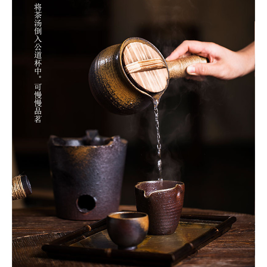 紫砂烤茶罐 日式複古罐罐煮茶器 側把煮茶壺碳爐子 煮茶器帶蓋 DSQV