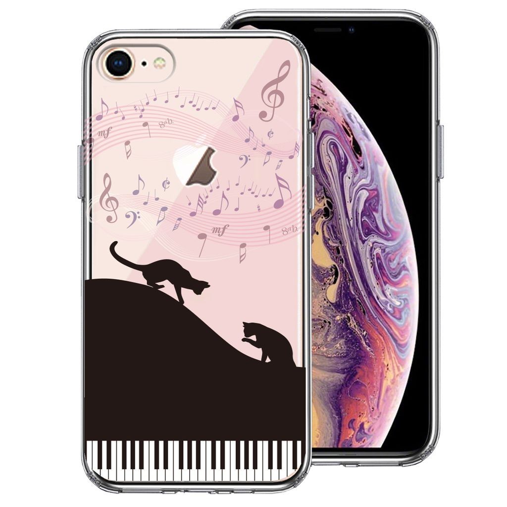 iPhone8專用 透明保護殼 黑貓與鋼琴圖案 側軟殼 背硬殼 分散衝擊 可無線充電