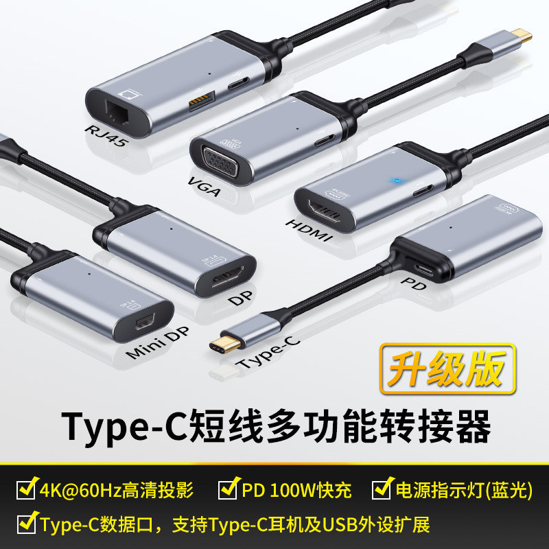 三代Type-C轉HDMI/DP/miniDP/VGA/RJ45轉接器轉接線 多功能USB-C HUB支持PD 100W