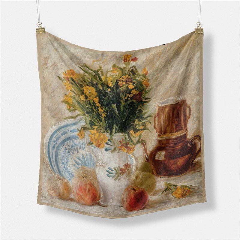 MZ 品牌油畫絲巾方巾花瓶與水果藝術斜紋綢防滑髮帶領巾