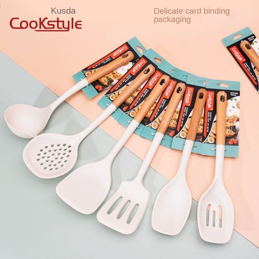 Cookstyle 裝訂卡白色櫸木矽膠鍋鏟家用矽膠廚具套裝烹飪勺套裝