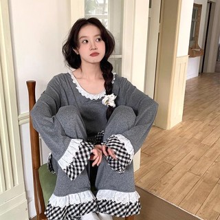 【有幸時光】春秋夏季新款ins撞色蕾絲花邊格子圓領睡衣女套裝 長袖睡衣女 休閒寬鬆睡衣套裝 可外穿家居服套裝
