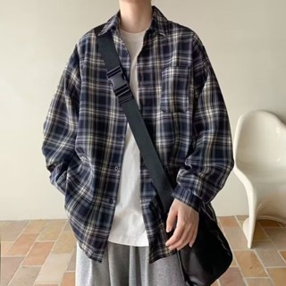 【HOT 本舖】男裝 美式復古休閒襯衫春季黃色格子長袖翻領襯衣男女情侶百搭寬鬆外套