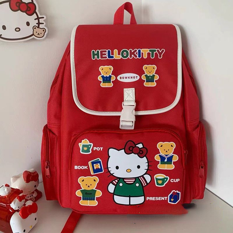 HelloKitty後背包 韓國INS自製 中古童趣感紅色Kitty大容量背包 初高中大學生雙肩 電腦書包