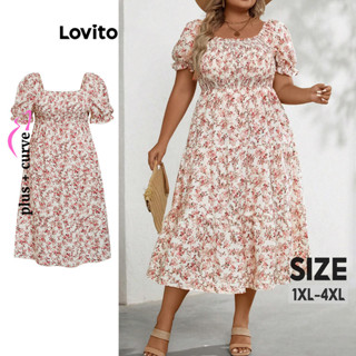 Lovito 女式加大尺寸曲線波西米亞格花卉褶襉分層荷葉邊連身裙 LBL08205