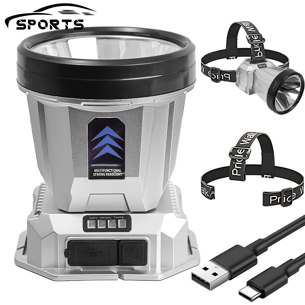 頭戴式手電筒 - 遠程手電筒 - USB 可充電頭燈 - 超亮頭燈 - 戶外探照燈 - 用於騎自行車露營釣魚