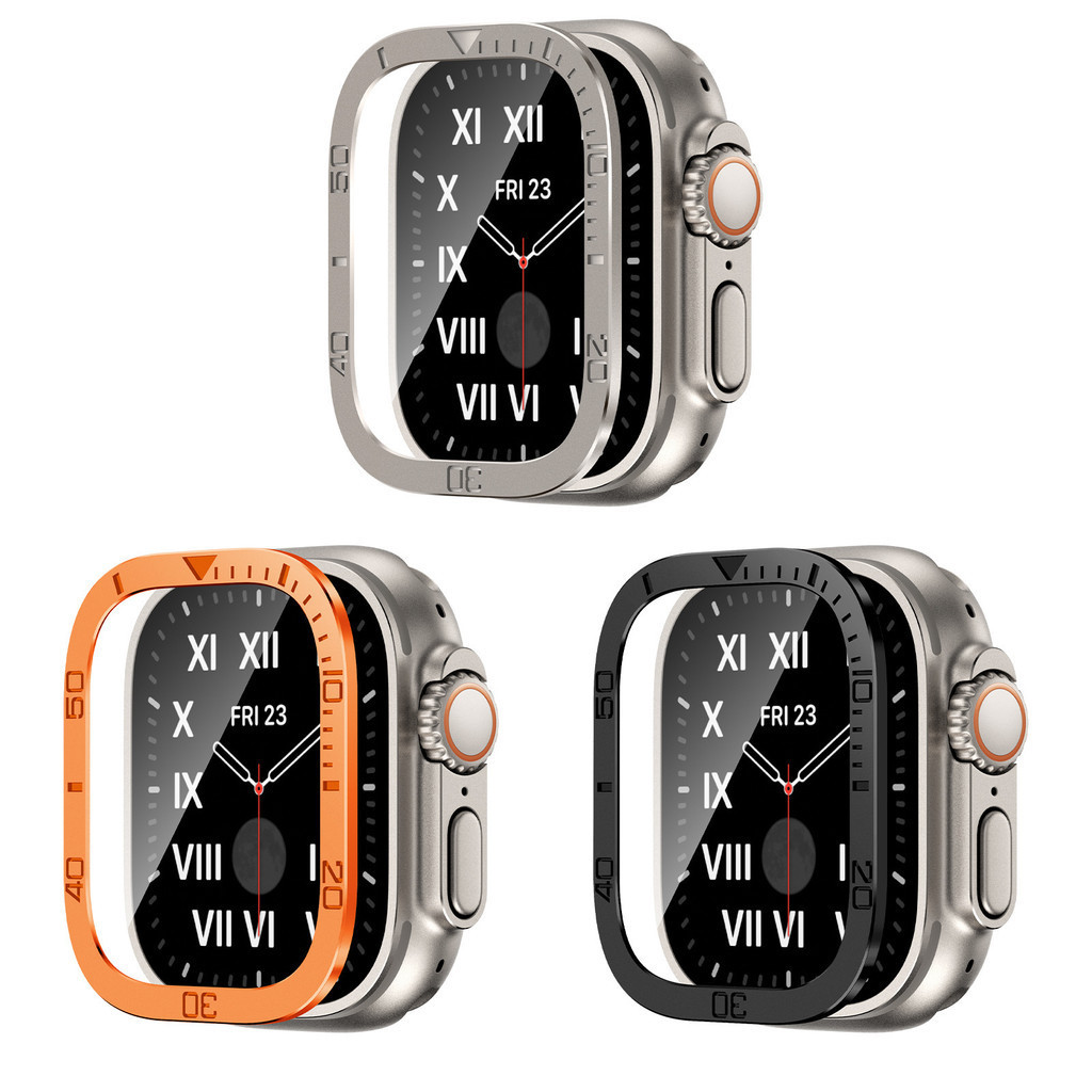 鋁合金金屬鋼化膜適用蘋果手錶apple iwatch Ultra1/2數字保護套蘋果手錶8/9代Ultra金屬邊框鋼化膜