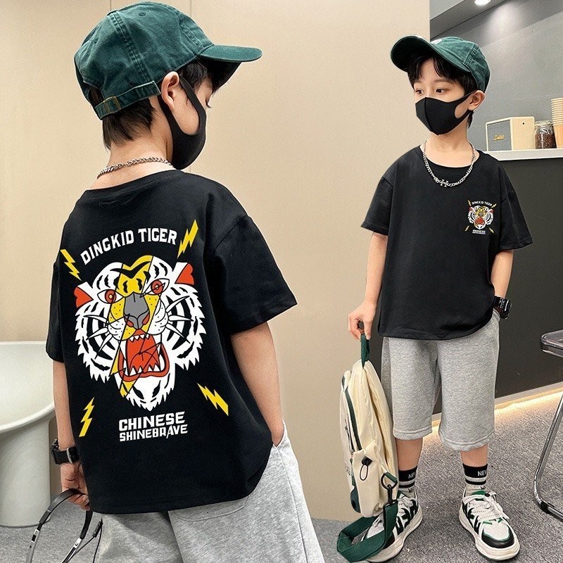 高品質剪裁服裝,男孩夏季無袖 T 恤 18-50 公斤至 6-14 歲帶老虎,童裝