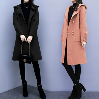 大碼毛呢外套女 2022新款秋冬裝 韓版寬鬆風衣 中長款外套 連帽外套 復古呢子大衣