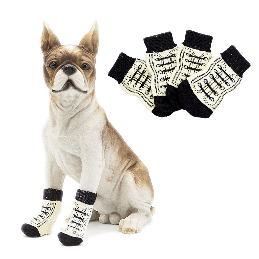 Fn-4 件可愛卡通狗襪防滑針織寵物襪條紋印花保暖可愛小狗爪保護套