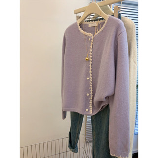 D7PW 小香風圓領紫色花邊針織小外套上衣女春秋季外穿設計感羊絨毛衣外套