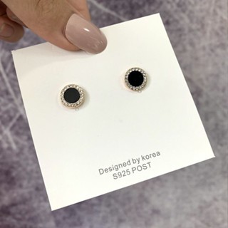 J94Q S925純銀針韓國東大門黑色圓形微鑲鋯石耳環氣質簡約高級ins耳飾