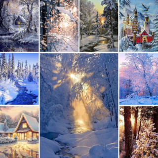 Diy十字繡套裝風景冬季雪印面料45色線刺繡全套縫紉工藝品手工繪畫禮物計數魔法