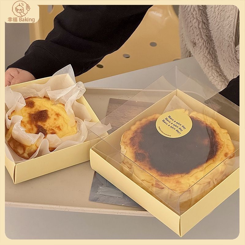 【幸福Baking】4寸 6寸 透明蓋淡黃色方形蛋糕盒 巴斯克蛋糕盒 輕奶酪蛋糕盒 點心盒 蛋糕盒 餅乾盒 達克瓦茲 瑪