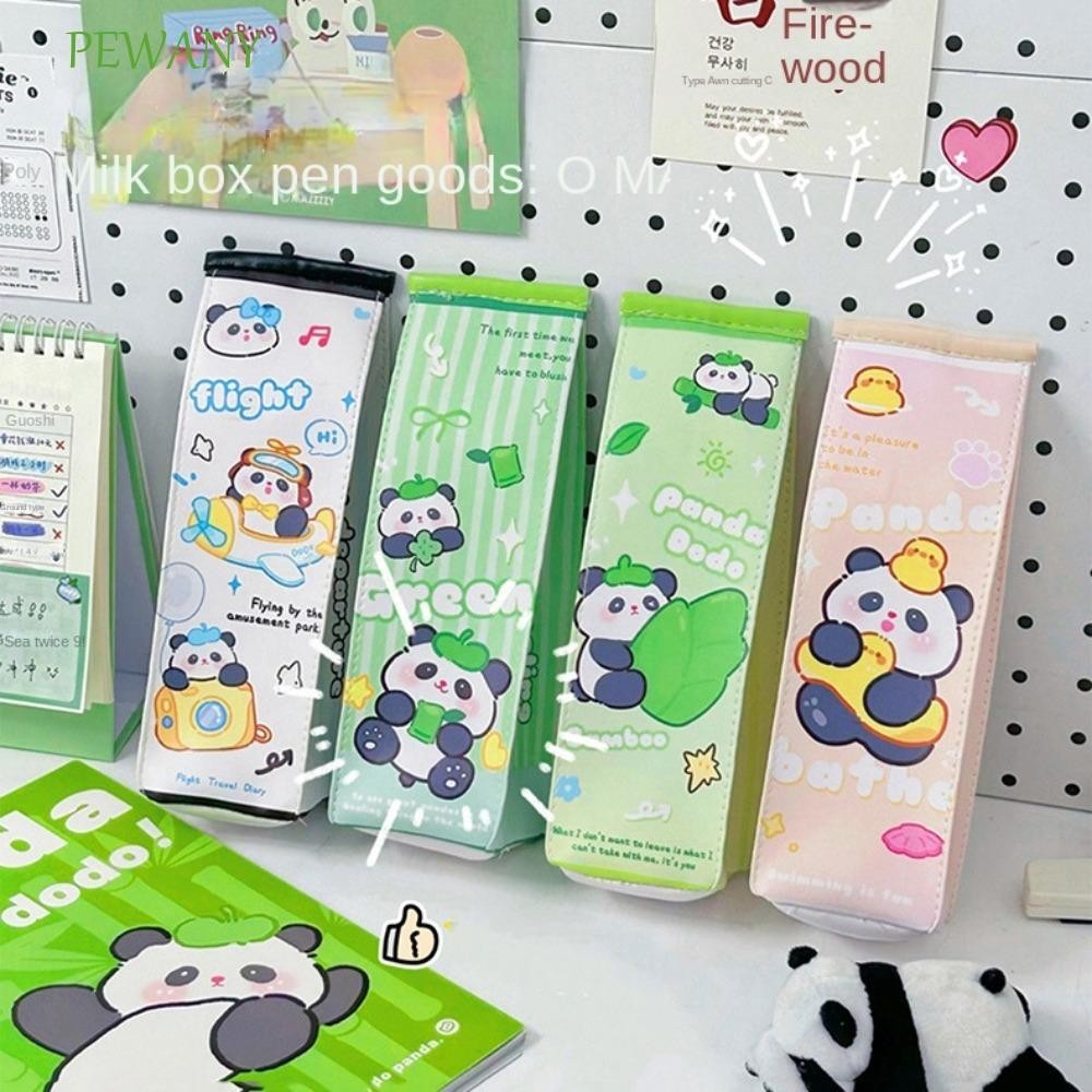 PEWANY可愛的熊貓鉛筆袋,大容量卡通卡哇伊熊貓牛奶筆袋,綠色熊貓PU皮革創意綠色筆袋學校用品