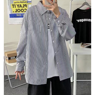 【HOT 本舖】男裝 豎條紋長袖襯衫男春季新款寬鬆百搭休閒襯衣潮牌日系復古情侶外套
