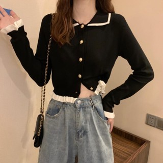《現貨下單》秋季新款小外套毛衣針織寬鬆小上衣女秋裝長袖短版百搭配高腰寬褲