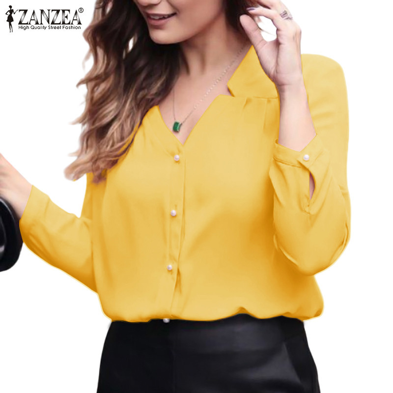 Zanzea 女式複古 V 領壓褶鈕扣寬鬆純色襯衫