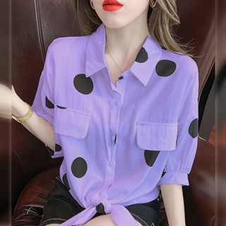 圓點加大碼襯衫上衣女式夏季韓式寬鬆 V 領泡泡袖襯衫