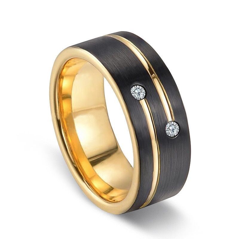 新品熱賣  戒指 男 霸氣黑開槽金色鑲鑽鈦鋼戒指 指環 男士戒指