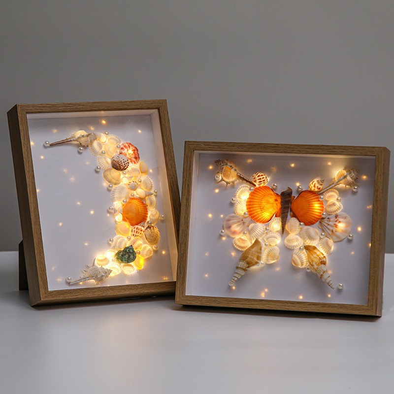 自製海螺貝殼小夜燈 手工DIY材料包 貝殼相框畫 創意擺件標本送禮紀念品
